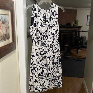 LOFT Black and White Leaf Print Midi Dress